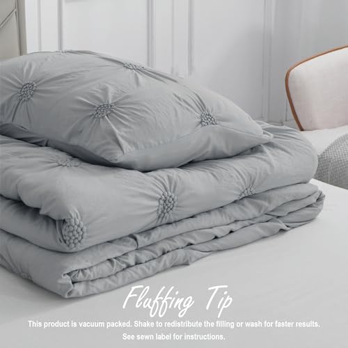 Image of Swift Home Full /Queen Gray Comforter Set - Ruched 3D Floral Pintuck Bedding Set - 3 Pieces Bed Linen, 1 Comforter and 2 Pillow Shams