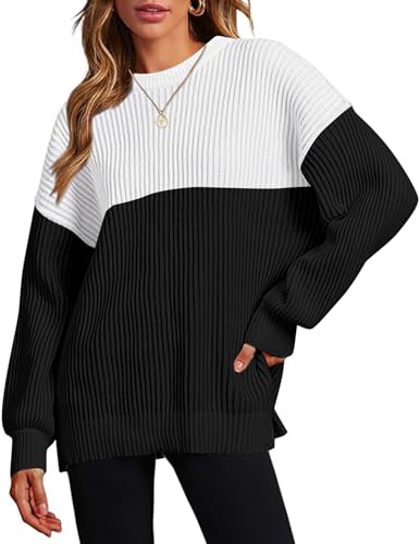 Image of Zeagoo Women 2026 Fall Lightweight Oversized Sweater Crew Neck Long Sleeve Color Block Pullover Rib Knit Blouse Tops XS-2XL