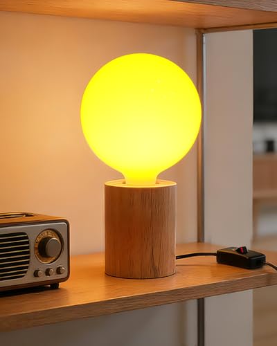 Lamptobe Wood Bedside Table Lamp with Opal White Glass E27 Globe LED Bulbs, 1800K Warm Yellow, 360° Beam Angle, On-Off Switch, Non-Dimmable, 7W Globe E27 LED Lamp for Bedroom, Living Room, Office