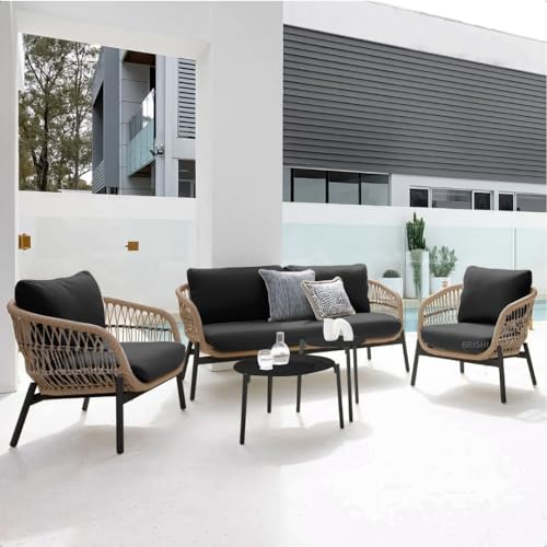 Image of BRISHI Outdoor 4 Seater Sofa Set | Balcony Sofa | Patio Furniture Sets | Conversation Sets | Braid & Rope Garden 4 Seater Sofa Set with Center Table (Tan & Black)