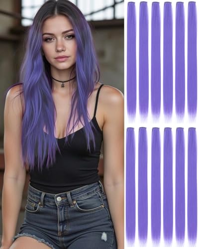 Eravauly Grey Purple Clip In Hair Extensions for Parties, Festivals, Night Out, Birthdays & Dress Up – No Dye No Damage, 12 PCS Reusable Synthetic Hair for Girls, Women & Teens Gift (Grey-Purple,E-13)