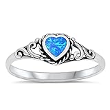 Blue Simulated Opal Heart Promise Ring .925 Sterling Silver Rope Halo Band Size 8