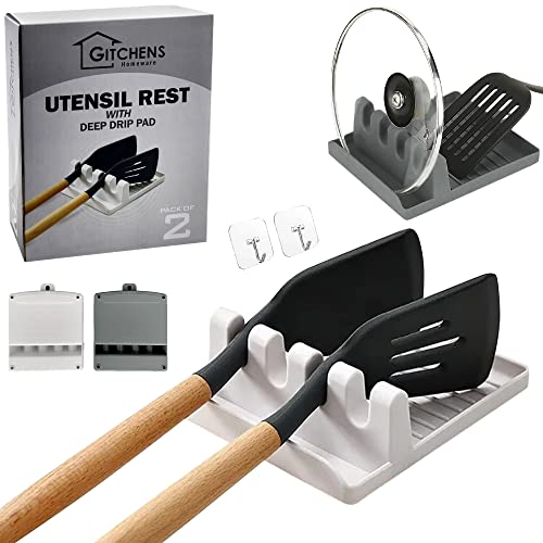 Gitchens Premium Utensil And Spoon Rest with Deep Drip Pad And Pot Lid Holder | Utensils And Spoons Cooking Stand for a Clean Grill, Stove And Kitchen | 2 Pack with Hanging Hooks (White and Grey)