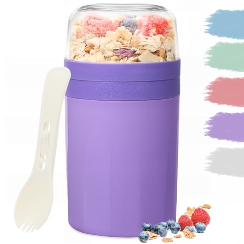 Bugucat Taza de Yogur 520ML+250ML, Porta Yogur y Fruta Vaso de Cereales para Llevar con Tapas y Cuchara, Reutilizable Porta Vaso Portátil Taza de Cereales con Recipiente para Ensaladas,Morado