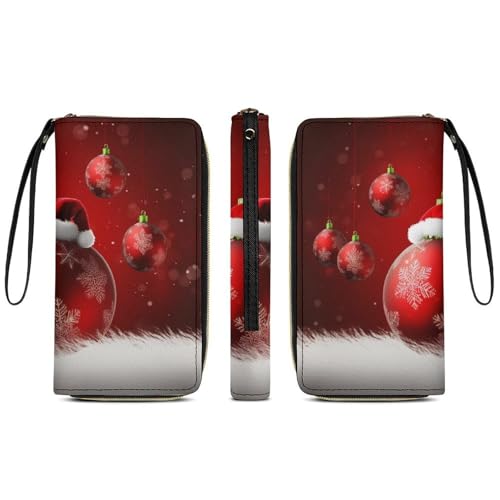 Red Ball Xmas Print PU Leather Wristlet Wallet Slim Card Holder Organizer with Zipper Coin Pocket & Cash Slots for Women Men3