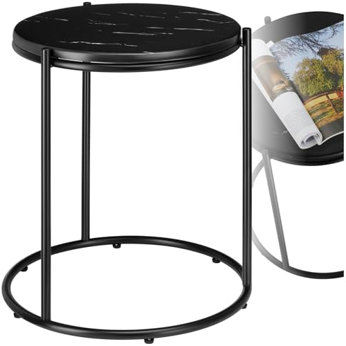 TecTake® Mesa Auxiliar Redonda, Mesita Centro Ovalada, Tapa de Mármol, Estructura Acero, Mesas Redondas Pequeñas, Mesita Auxiliar Comedor, Mesas Bajas, Decoración Mesa Salón - Negro/Negro