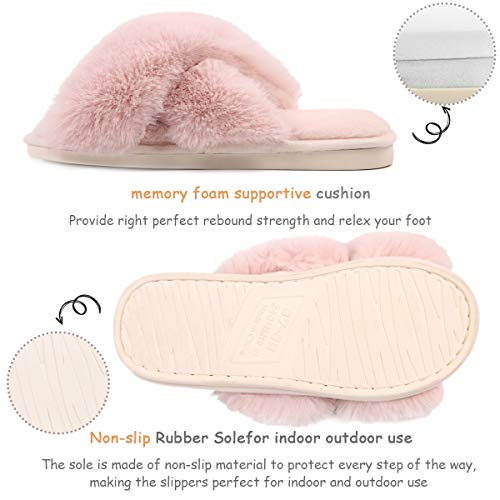 Women Fuzzy House Slippers : Fluffy Open Toe House Shoes - Plush Indoor Outdoor Soft Slides - Cross Band Memory Foam Slippers Pink #TOP3