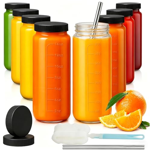 OAMCEG 8 Stück Saftflaschen zum Befüllen 480ml Smoothie Flaschen mit Deckel Strohhalme 16oz Glasflaschen Wiederverwendbare Glasflasche Spülmaschinen Kühlschranksicher für Saftpressen Konservieren