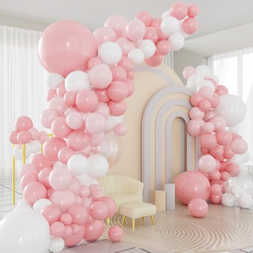 Pink and White Balloons Arch Kit 124pcs Light Pink White Transparent Balloons with 16ft Tape Strip & Dot Glue for Birthday Baby Shower Wedding Party Decorations
