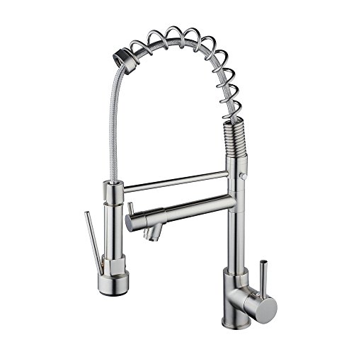 Commercial Kitchen Sink Faucet, Brass Constructed Pre-Rinse Kitchen Faucet with Coilded Spring Pull Down Sprayer and Add-on Swing Spout,Brushed Nickel