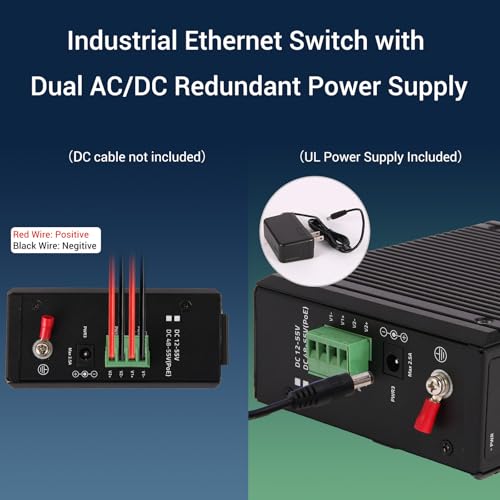 Image of Industrial Ethernet Switch, 10-Port Gigabit Din Rail Switch Hardened, 1000Mbps, 8 Ethernet Ports + 2 SFP Port, Din Rail & Wall Mountable (-40 to 185 F), 20Gbps Switching Capacity, with UL Power Supply