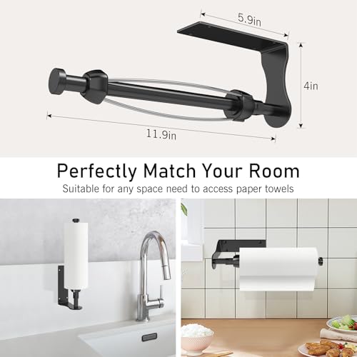 Image of SetSail Paper Towel Holder, Single Hand Operable Paper Towel Holder Under Cabinet with Adjustable Damper, Easy Tear, Wall Mount, Self-Adhesive or Drilled for Kitchen Bathroom, Black
