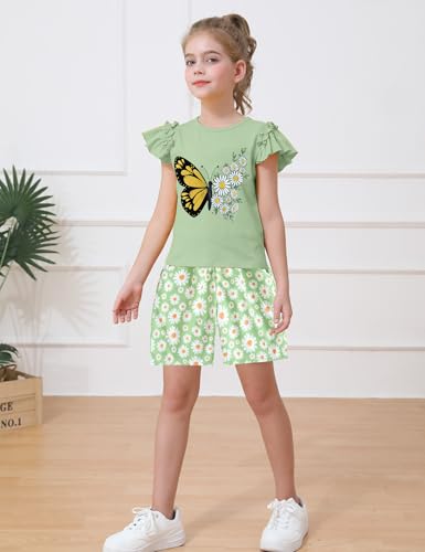Image of mksodop Girls outfits 2-Piece ruffled short sleeve butterfly floral print high waist floral shorts girls summer clothes