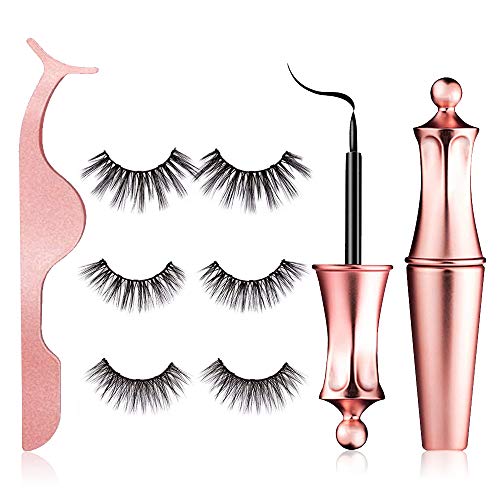 Magnetic Eyelashes, Gulanne Magnetic Eyeliner and Eyelashes Kit, Reusable 5 Magnets Lashes, 3 Pairs Natural False Eyelashes with Tweezer