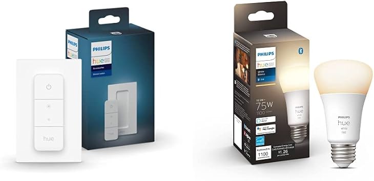 Philips Hue Smart Dimmer Switch with Remote + Philips Hue White A19 Medium Lumen Smart Bulb 1100 Lumens
