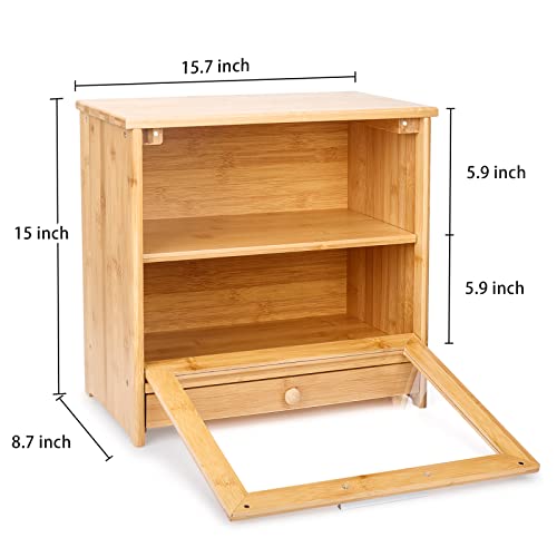 Merysen Large Bamboo Bread Box For Kitchen Countertop, 2 Layer Bread Storage Bin Comes With Clear Front Window And Tool Drawer, Farmhouse Style Bread Bin For Kitchen Counter #TOP3