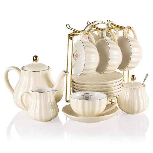 Sweejar Porcelain Tea Sets British Royal Series, 8 OZ Cups & Saucer Service for 6, with Teapot Sugar Bowl Cream Pitcher Teaspoons and Tea Strainer, Suitable for High Tea, Wedding, Party（Beige）