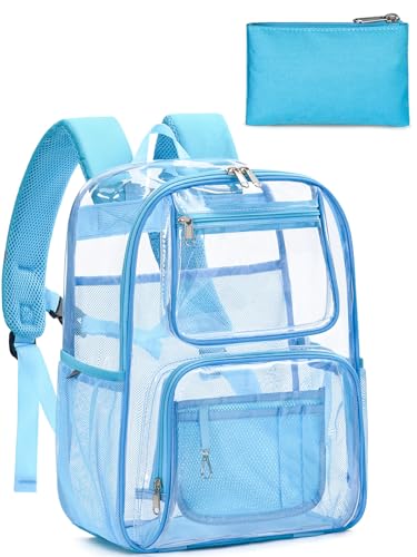 Image of Heavy Duty Clear Backpack For Kids Women Men Boys Girls, 17 Inch Large See Through Backpack, Clear Bookbag With An Extra Pouch Accessories, Transparent Bag For School College Work, Light Blue