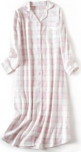 Pansleejoy Womens Long Flannel Nightgowns Button Down Sleep Shirt Long Sleeve Nightshirt Pink-White Plaid XXL