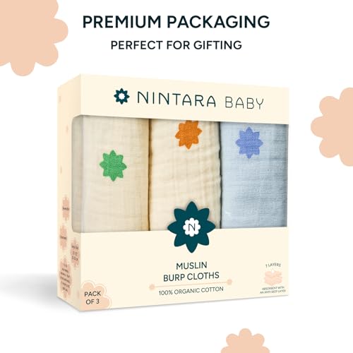 Image of NINTARABABY Burp Cloths - 100% Organic Muslin Cotton, Pack of 3