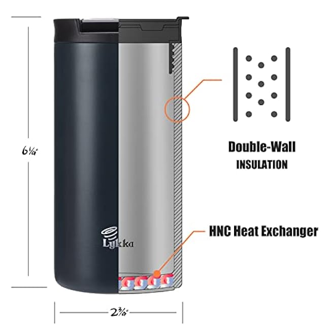 Lykka 14oz Travel Tumbler: Shake-to-Heat & Cool, Hand Warmer, Spill-Proof Lid, Stainless Steel Insulation (Dark Night Grey)