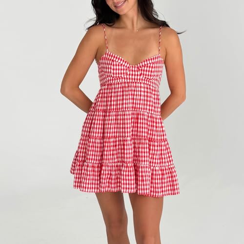 Women's Cami Mini Dress Plaid Spaghetti Strap U Neck Boho Tiered Hem Backless Lacing Casual Beach Short Sundress4