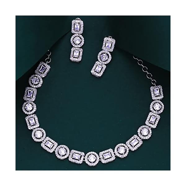 Yellow Chimes Traditional American Diamond Rhodium Rose Gold Plated AD Necklace Jewellery Set for Women - Image 4