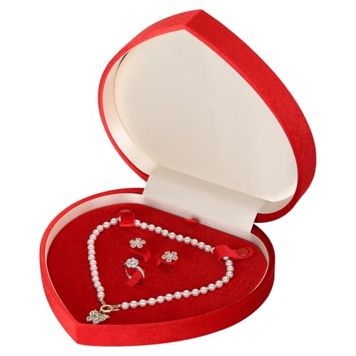 LETURE Large Jewelry Set Gift Box, Heart-Shaped Velvet Necklace Ring Earring Pearl Storage Organizer Holder Box (RED)