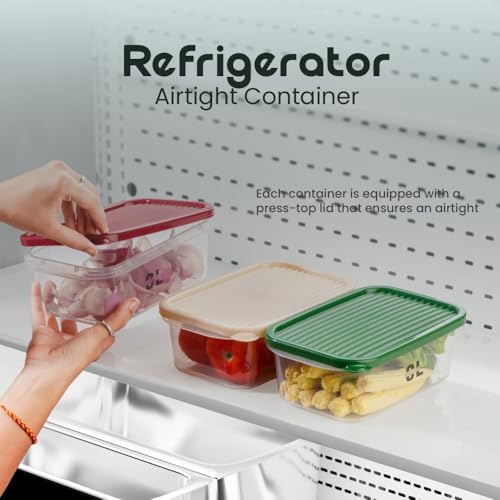 Image of Set of 3 Fridge Storage Containers with Lids 1100ml Each | BPA Free Food Grade Stackable Transparent Freezer Safe Boxes for Vegetables Fruits Snacks Kitchen Made in India