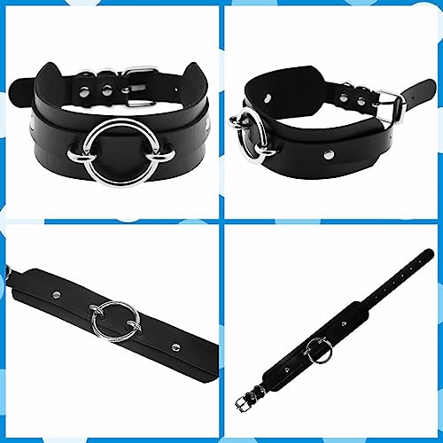 Black Wide Soft Faux Leather Collar Choker and Chain Set,Adjustable Thick PU Necklace for Cosplay, Big Ring Charm Chocker3
