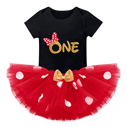 1St Birthday Outfit Baby Girl Romper Polka Dots Mini Tutu Skirt Headband Shiny Barefoot Sandals Shoes One Year Old Cake Smash Photo Shoot I'm One Mouse Birthday Party Supply Clothes Set Black 1T #TOP1