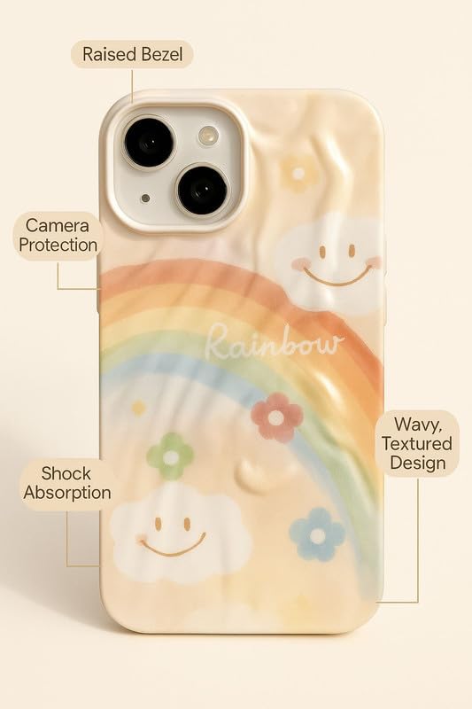 Image of COVERLY for iPhone 15 3D Rainbow Wonderful Day Smile Cloud Wrinkle Phone Case, Luxury Texture Trendy Retro Cute Happy Vibes VIBGYOR Artistic Cool Design -Aesthetic Princess Cover for Apple iPhone 15