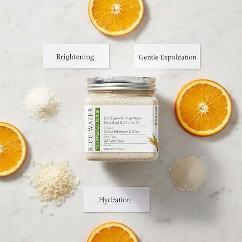 Image of Rice Water Tan Removal Face & Body Scrub | Enriched with Rice Water, Kojic Acid & Vitamin C | Brightening, Tan Removal & Skin Polishing - 400ml (Pack of 1)