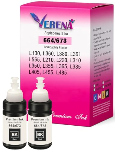 VERENA T664 Refill Ink Compatible for Epson L130, L310, L361, L380, L405, L565, L365, L485, L220, L360, L130, L130 and L380 Printers (Black Pack of 2)