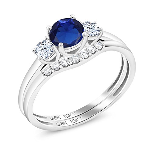 Gem Stone King 10K White Gold Created Sapphire White Created Sapphire and Lab Grown Diamond 3-Stone Bridal Engagement Wedding Ring Set For Women (0.93 Cttw, 5MM, Available in Size 5,6,7,8,9)