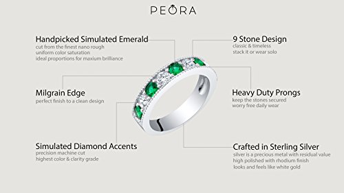 Peora Simulated Emerald 4Mm Milgrain Half-Eternity Anniversary Wedding Ring Band For Women 925 Sterling Silver, 0.50 Carat Total Round Shape, Size 6 #TOP3