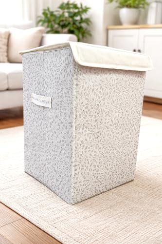 Image of QUAIL Foldable Fabric Laundry Basket with Lid and Side Handle for Clothes Storage, Durable Leaf Pattern Laundry Hamper Organizer for Bedroom, Bathroom, Home and Washing Area Use (Silver, Golden)