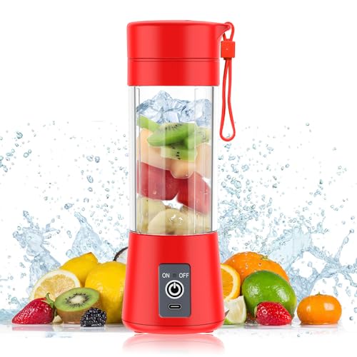 Portable Blender for Shakes and Smoothies with 14 Oz BPA Free Travel Cup and Lid - Personal Travel Blenders for Smoothies - Mini Fruit Juice Mixing Shaker Bottle (380ml) (Red)