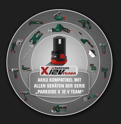 Diagram showing various Parkside X12V Team tools compatible with the battery system