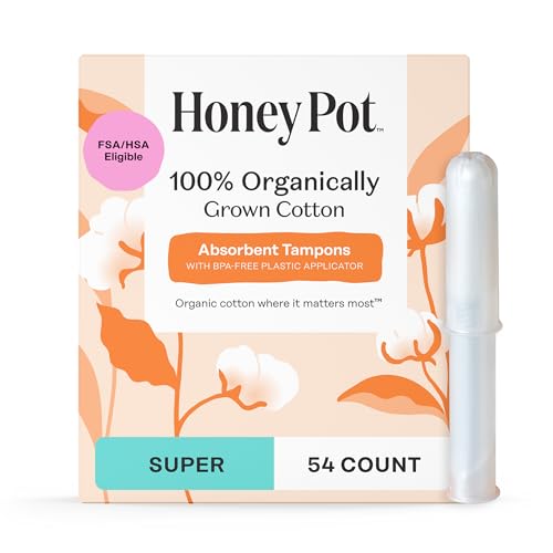 The Honey Pot Company - Super Absorbency - 100% Organic Cotton Core Tampons w/Bio Plastic Applicator - Feminine Care – Unscented - 54 Count (3 Packs of 18)