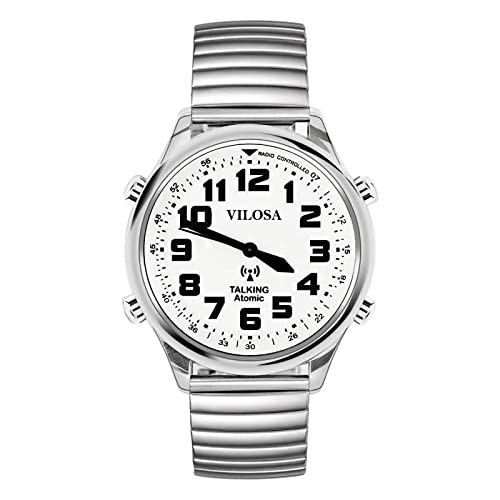 ViLoSa Englisch sprechende Armbanduhr spricht Uhrzeit, Datum oder Alarmzeit für ältere Menschen, schwarze Zahlen mit erweiterbarem Edelstahlband, Cremeweiß Cover