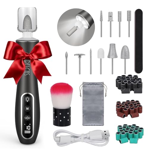 PELCAS Electric Nail Drills, Professional Cordless Nail File Kit with Light, 10 Speeds Manicure & Pedicure Kit for Human, Pet, Thick Toenails, Natural & Acrylic Nails Grey