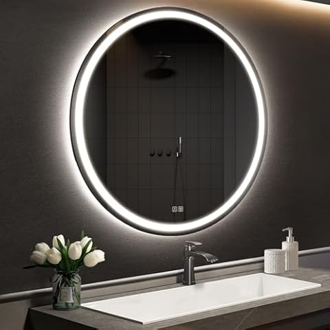 APRILSOUL 36 Inch Round LED Bathroom Mirror with Lights, Makeup Mirror with Front and Backlit, Anti-Fog, 3 Colors and Dimmable Light Cover