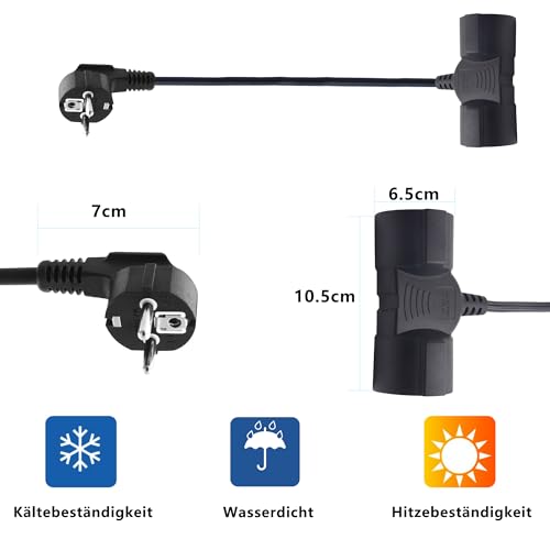 LANMINGLEL Kurz Schuko Doppelstecker Kabel, 2 auf 1 Kurz Schuko Verlängerungskabel, Verlängerungskabel Outdoor mit Schuko Stecker, 3x1,5 mm², 16A, 250V, IP44 Für Zuhause T (Schwarz-90 Grad, 0.5)