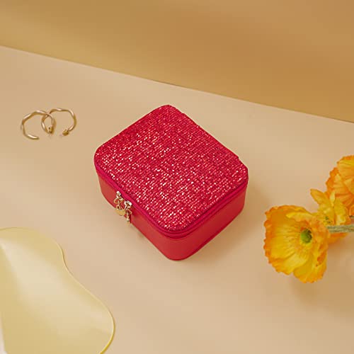Ailonmei Small Jewelry Organizer Box For Women Traveling Mini Portable Leather Jewelry Boxes Storage Travel Earring Ring Holder Case Boxes For Gift (Red) #TOP1