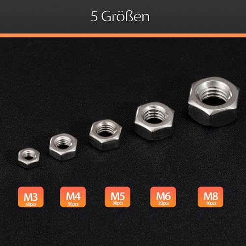 170-teiliges Sechskantmutter-Sortiment, M3 M4 M5 M6 M8 Hardware-Muttersets, 304 Edelstahl, A2-70