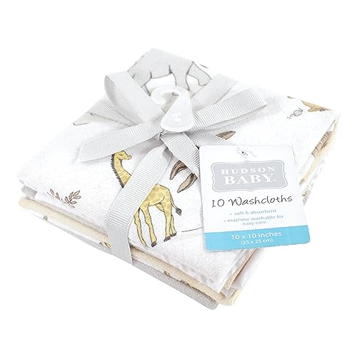 Image of Hudson Baby Unisex Baby Flannel Cotton Washcloths 10-Pack, Neutral Safari World, One Size