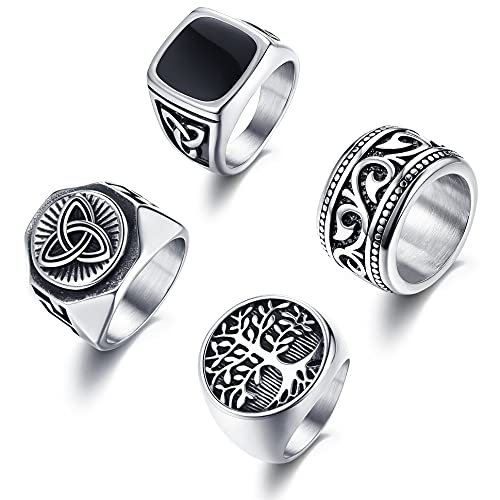 YADOCA 4Pcs Stainless Steel Signet Biker Rings Set Retro Vintage Wide Celtic Knot Band Rings for Men Size 7-13