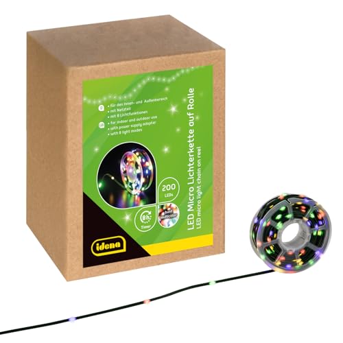 Idena 30541 – LED Micro Lichterkette mit 200 LEDs in Bunt, für Außen & Innen, ca. 22,9 m lang auf Rolle, 8 Stunden Timer Funktion, zum Basteln, als Party Deko, Weihnachtsdeko