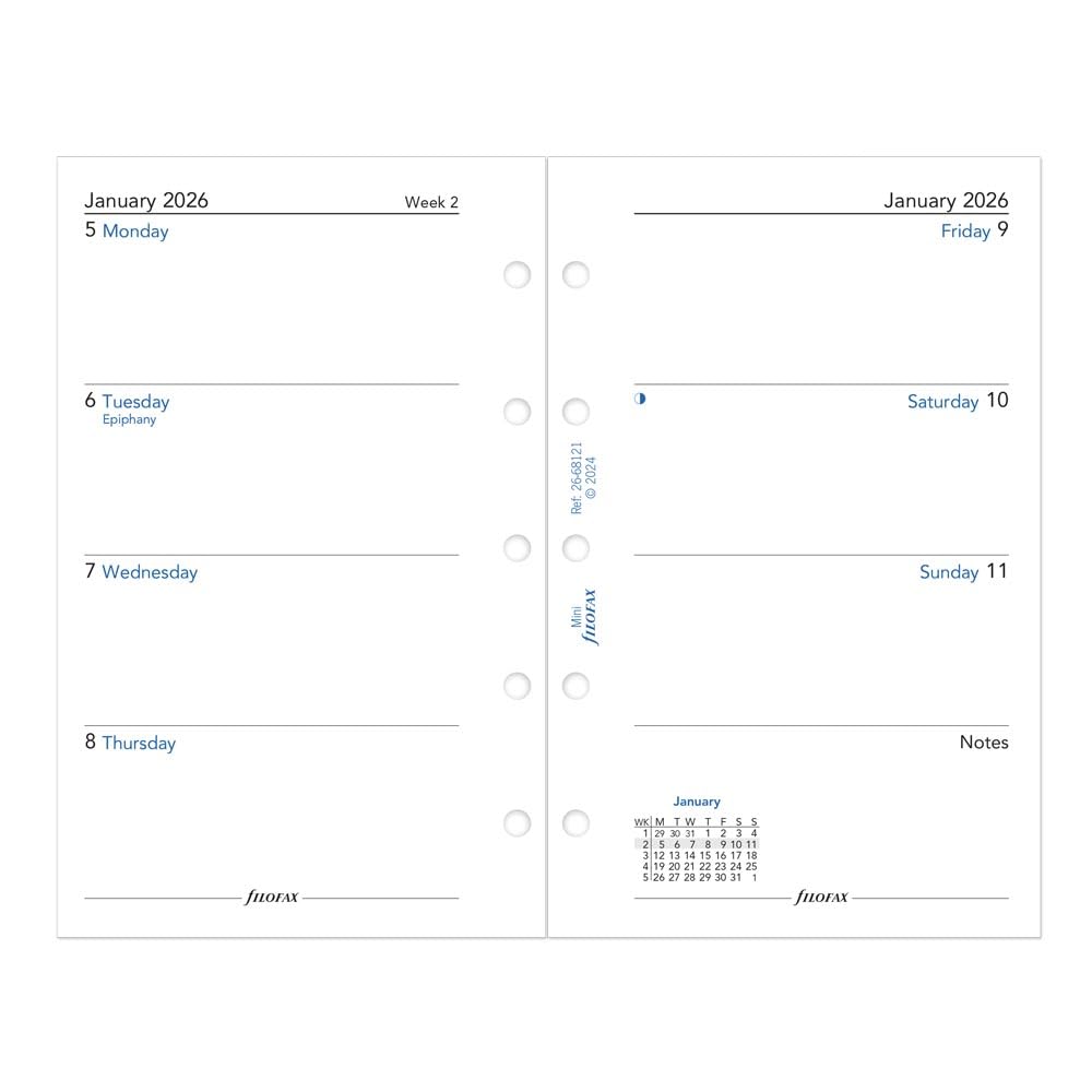 Filofax Calendar Diary Refill, Mini Size, Week-to-View with Notes Section, White Paper, Unruled, English, 2026 (C68121-26)